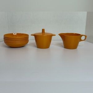 60s Vintage BUTTERSCOTCH ORANGE MELAMINE Sugar & Creamer with 6 Desert Bowls